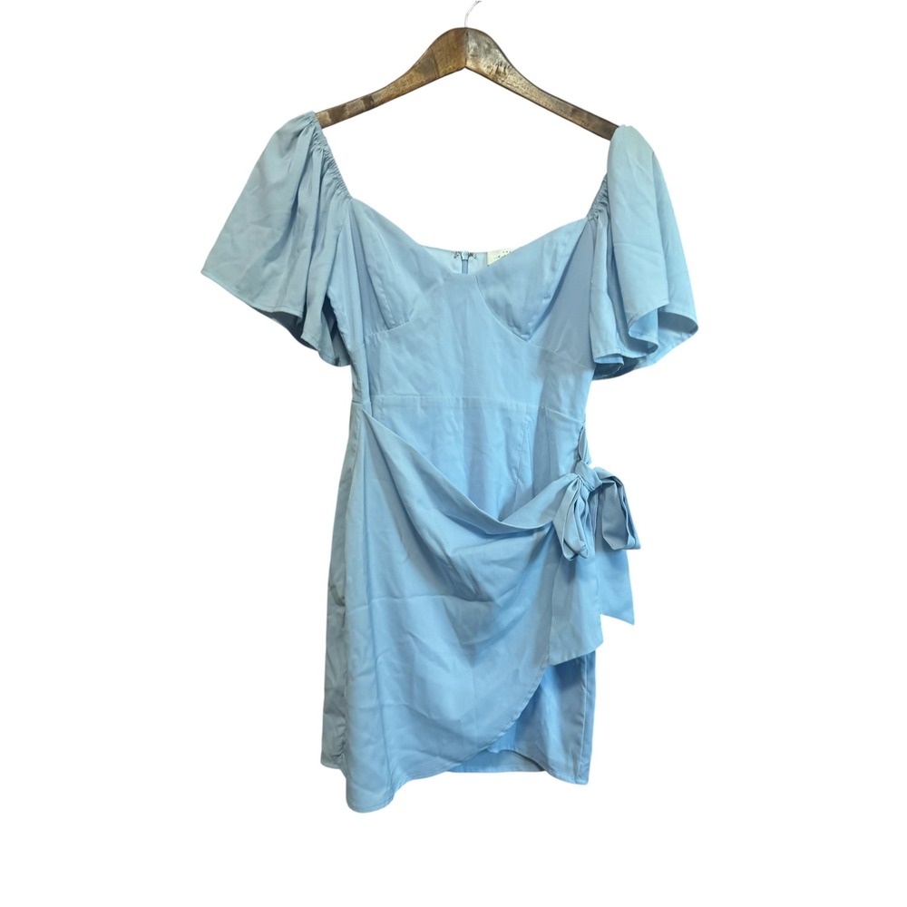 American Threads Wrap Mini Dress Womens Small Blue Excellent Flutter Sleeve Tie